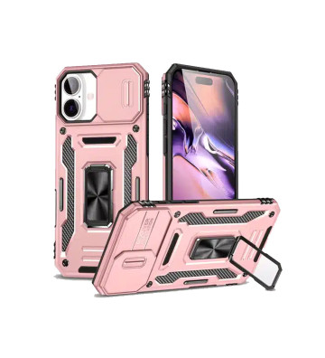 Funda resistente con soporte de anillo y cubierta para cámara para iPhone 16 (negro)