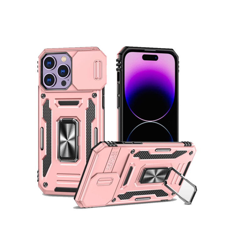 Rugged Armor Ring Stand With Camera Cover Case for iPhone 15 Pro Max – Pink Rugged Armor Ring Stand With Camera Cover Case for iPhone 15 Pro Max – Pink