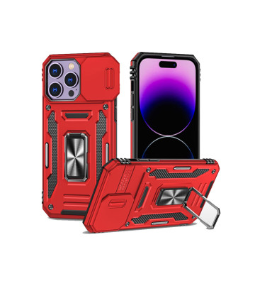 Étui robuste avec anneau de support et protection pour appareil photo pour iPhone 15 Pro Max – Rouge