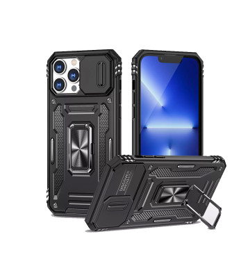Rugged Armor Ring Stand With Camera Cover Case for iPhone 16 Pro Max